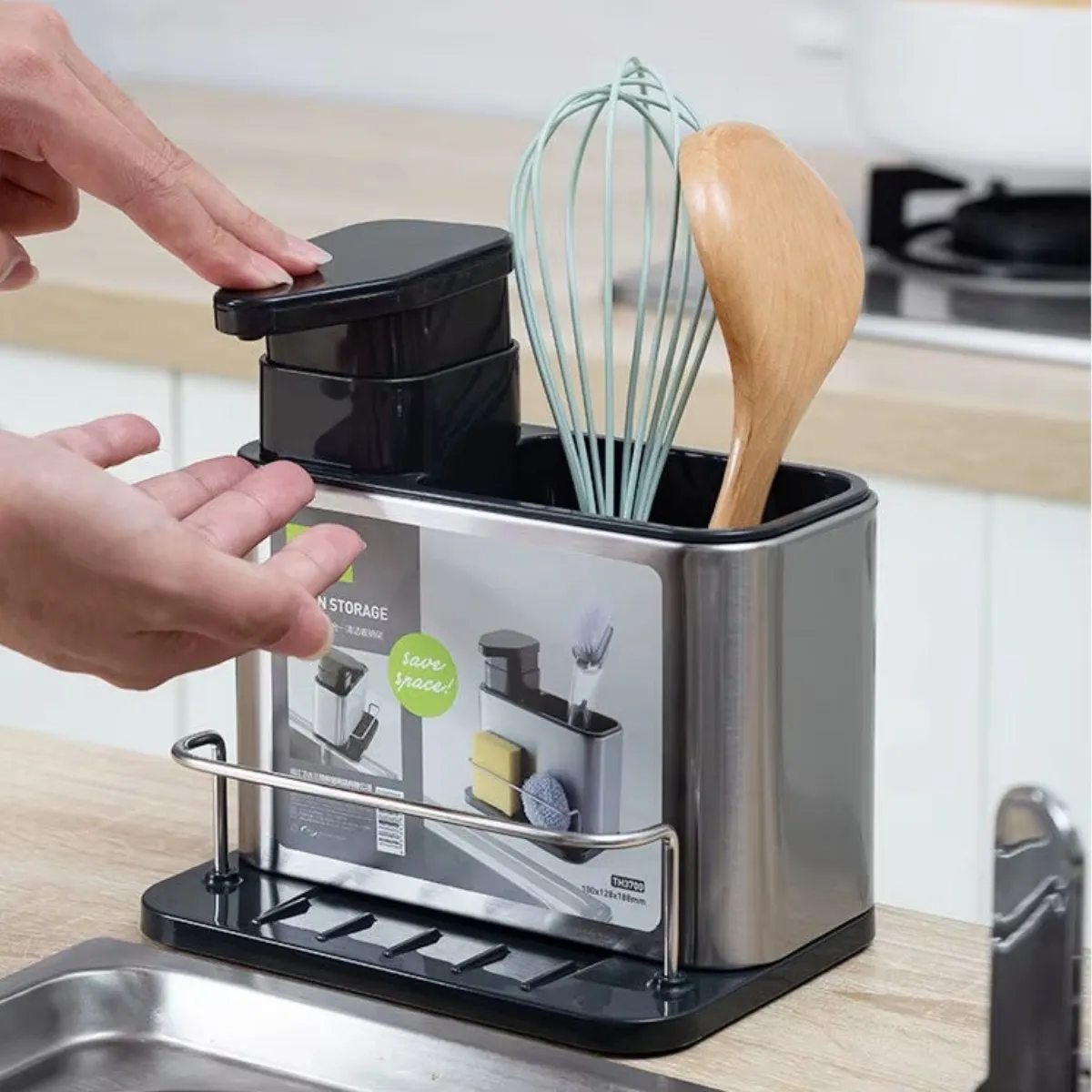 Organizador Bacha Acero Inox Dispenser Jabón Porta Esponja