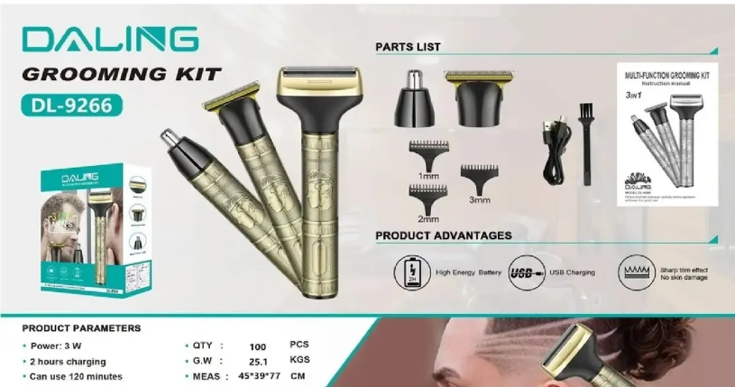 Máquina Cortapelo 3 En 1 Daling DL-9266 Barba Nariz USB
