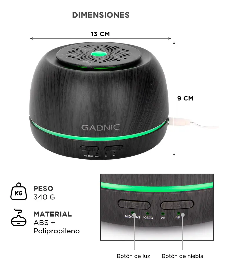 Difusor Humidificador Gadnic 300ml Efecto Madera Luz Led