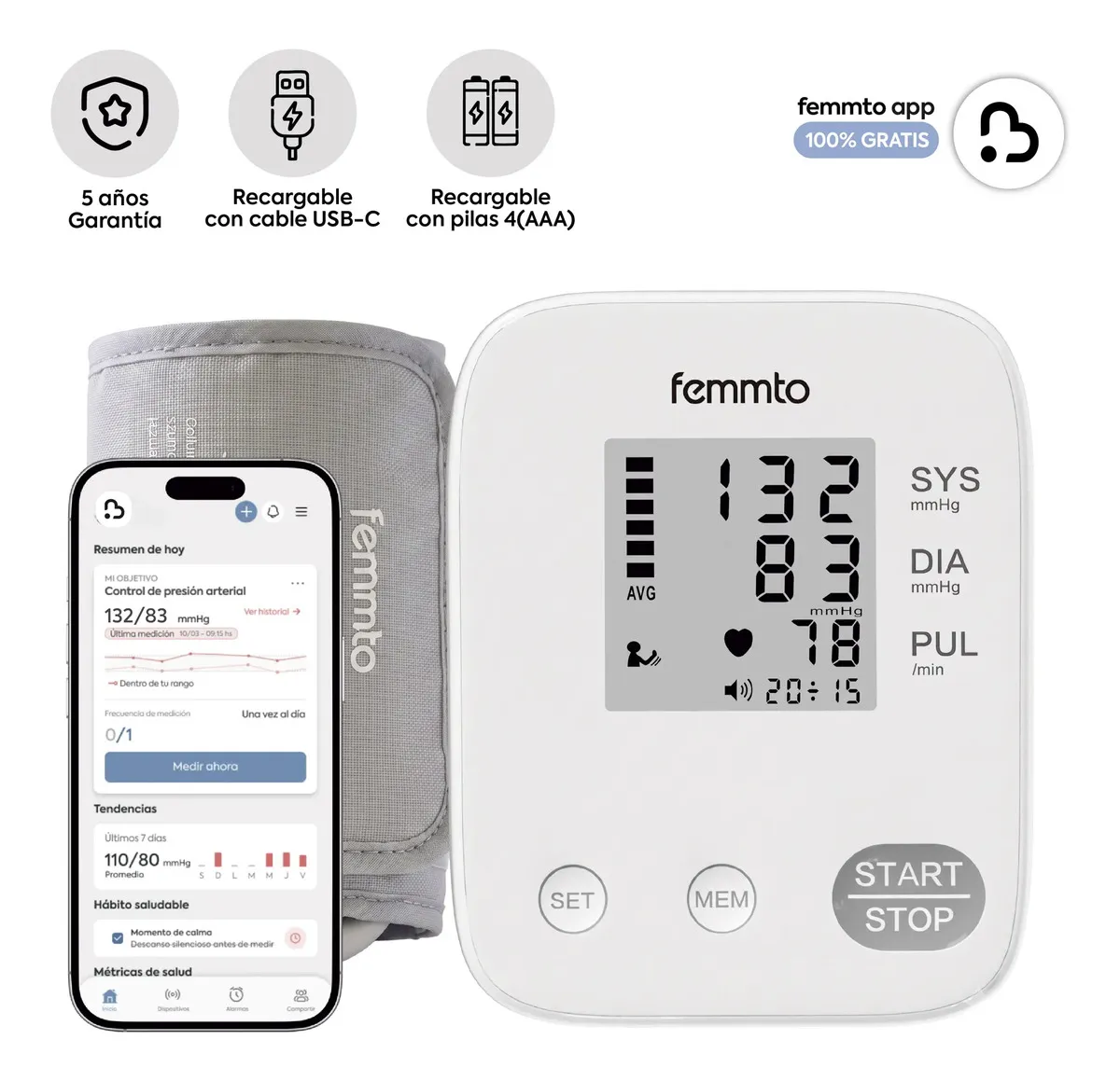 Tensiómetro Digital Brazo Femmto Automático Con App