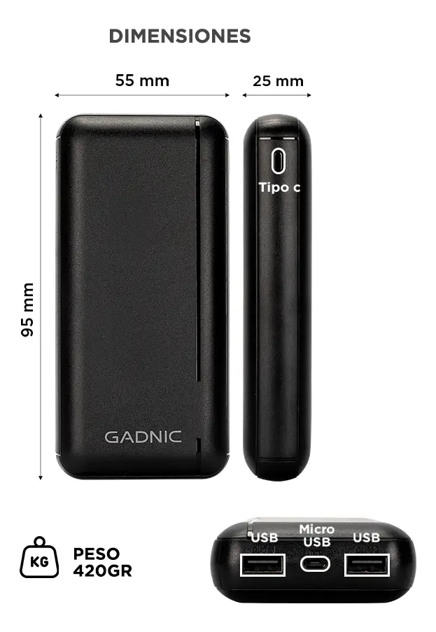 Power Bank Gadnic 25000mah Carga Rápida Usb-c Y Micro Usb