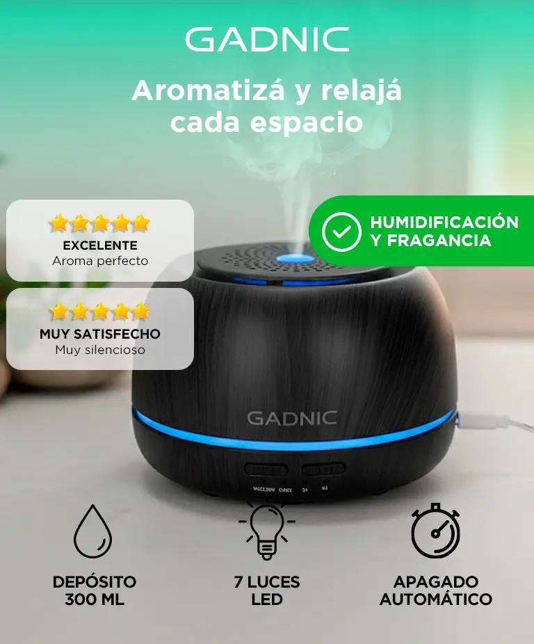 Difusor Humidificador Gadnic 300ml Efecto Madera Luz Led