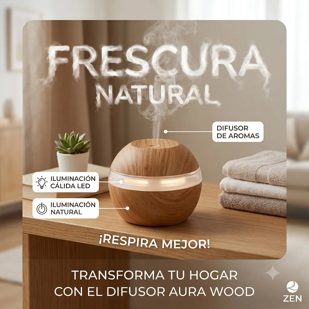 Difusor Humidificador Ultrasónico Símil Madera Luz Led